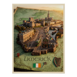 Póster Cartaz de Ilustração de Mapa 3D de Limerick Irland