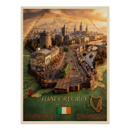 Póster Cartaz de Ilustração de Mapa 3D de Waterford Irlan