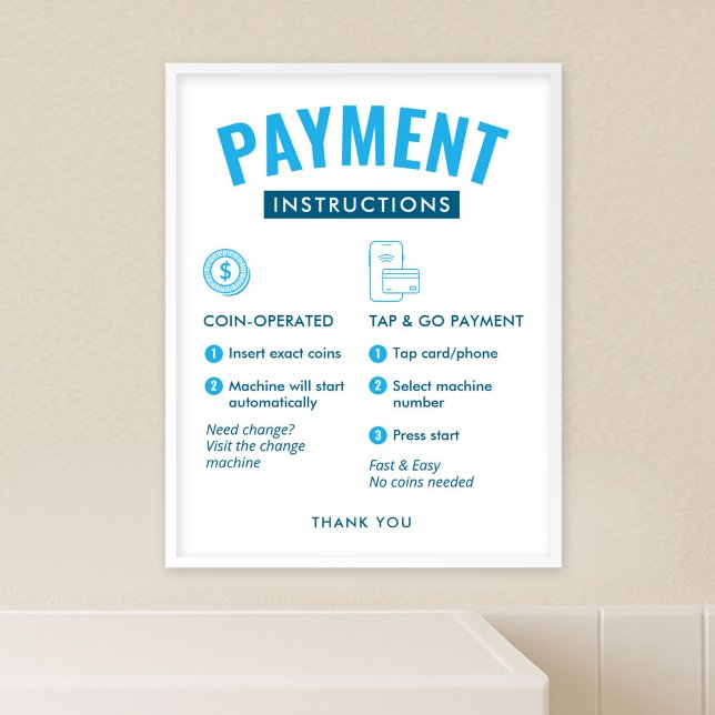 Poster Cartaz de Instruções de Pagamento para Lavanderia  (modern laundromat payment options and  instructions poster template in blue and white)