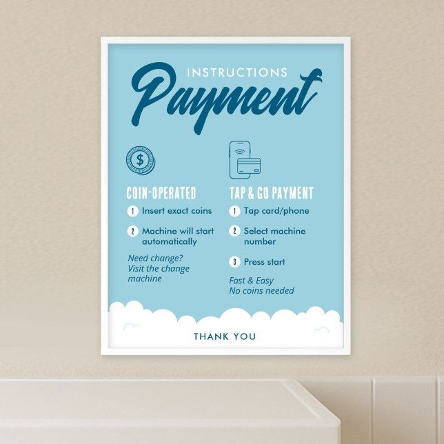 Poster Cartaz de Instruções de Pagamento para Lavanderia  (Customizable laundromat payment options and  instructions poster template in blue and white)