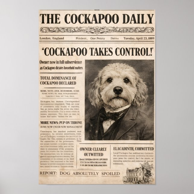 Poster Cartaz de Jornal Antigo de Cockapoo Arte de Parede (Frente)