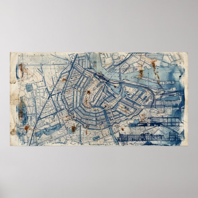 Poster Cartaz de Linhas de Mapa Abstrato Azul Largo (Frente)