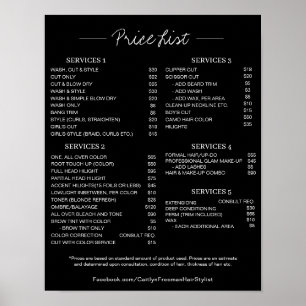 Poster Cartaz de Lista de Preços de Salão, Lista de Preço