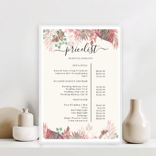 Poster Cartaz de Lista de Preços do Salão Boho Greenery