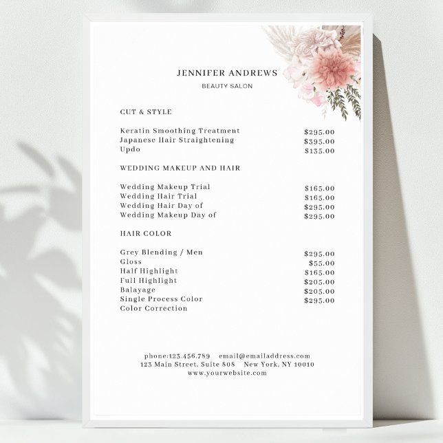 Poster Cartaz de Lista de Preços Florais Modernos (Floral Minimal Salon Price List Poster)