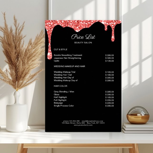 Poster Cartaz de Lista de Preços Moderno Coral Preto Bril (Modern Coral Black Glitter Pricelist Poster)