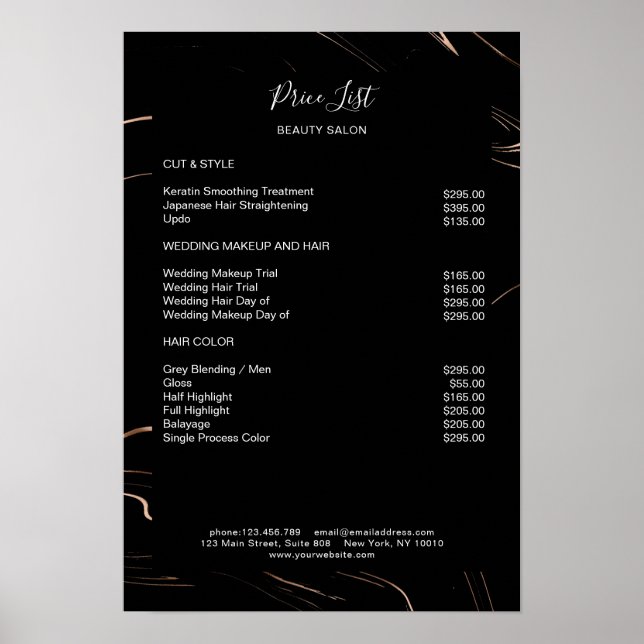 Poster Cartaz de Lista de Preços Preto Rosegold de Mármor (Frente)