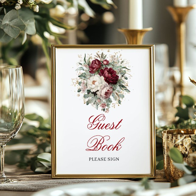 Poster Cartaz de Livro de Visitas Burgundy Boho (Bohemian Blush Burgundy Guest Book Poster)