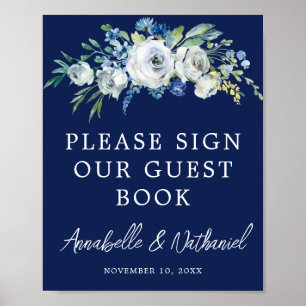 Poster Cartaz de Livro de Visitas de Casamento Floral Azu