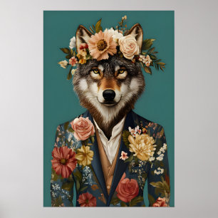 Poster Cartaz de Lobo de Terno, Retrato de Lobo, Óleo de