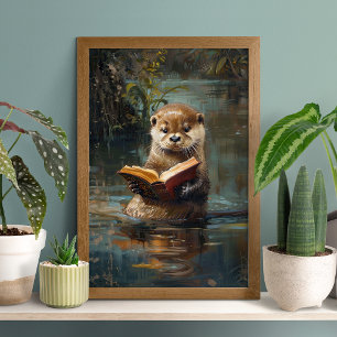 Poster Cartaz de Lontra Fofa Lendo um Livro