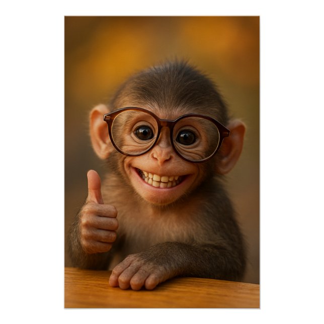 Póster Cartaz de Macaco Bebê Alegre com Sorriso Divertido (Frente)