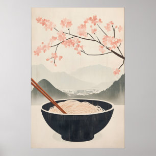 Poster Cartaz de Macarrão Soba Japonês com Flor de Cereje