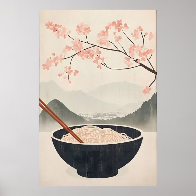 Poster Cartaz de Macarrão Soba Japonês com Flor de Cereje (Frente)