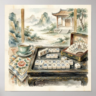 Poster Cartaz de Mahjong Chic Chinoiserie em Aquarela