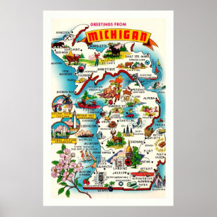 Poster Cartaz de Mapa Antigo Colorido de Michigan