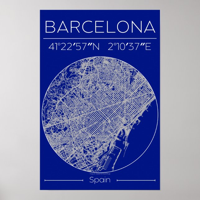 Poster Cartaz de Mapa da Cidade de Barcelona em Blueprint (Frente)