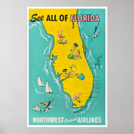 Poster Cartaz de Mapa da Flórida Arte de Viagem Retro Flo