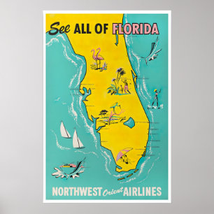 Poster Cartaz de Mapa da Flórida Arte de Viagem Retro Flo