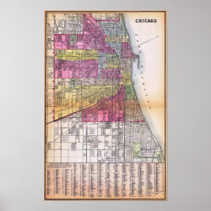 Poster Cartaz de Mapa Detalhado Antigo de Chicago 1882