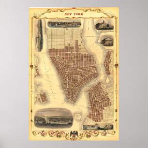 Poster Cartaz de Mapa Detalhado Vintage de Nova York 1851
