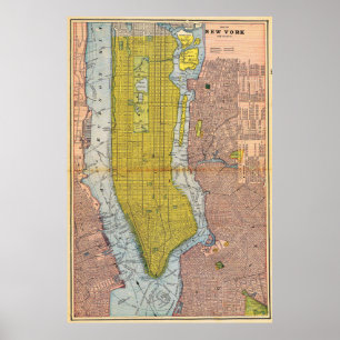 Poster Cartaz de Mapa Detalhado Vintage de Nova York 1892