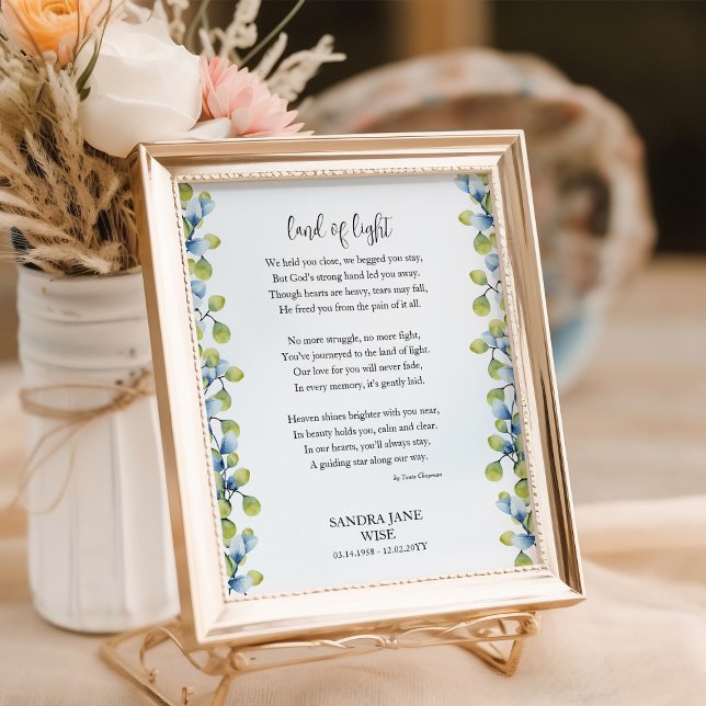 Poster Cartaz de Memorial Poema Funeral País da Luz (Poem Poster for funeral decor / memorial keepsake framed with greenery by Darling & May)