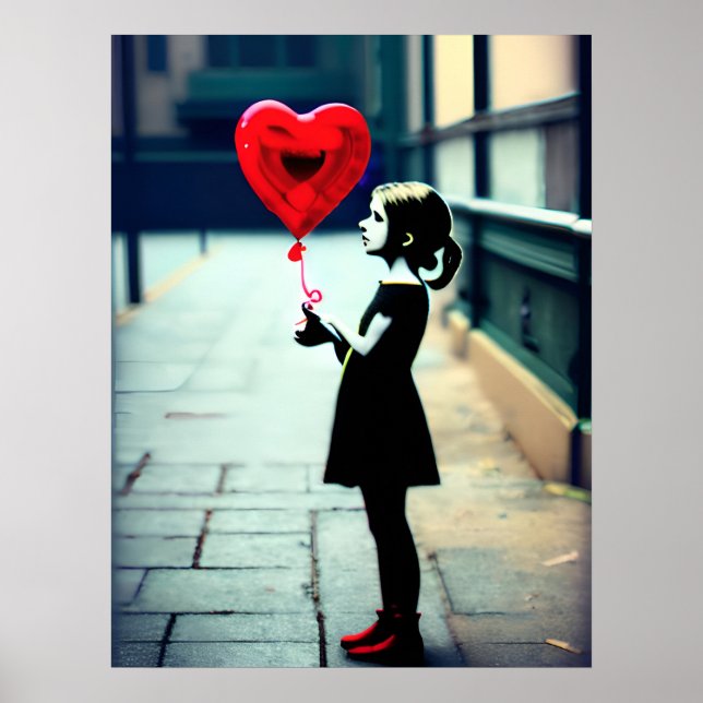 Poster Cartaz de menina com balão vermelho em forma de co (Frente)