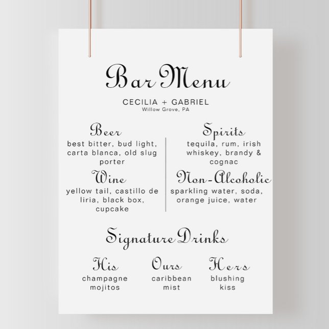 Poster Cartaz de Menu de Bar de Casamento com Caligrafia  (Criador carregado)