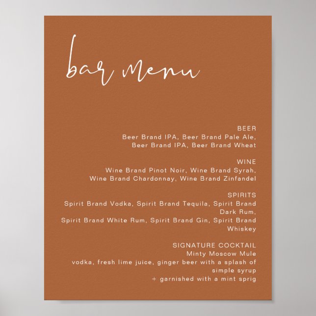 Poster Cartaz de Menu de Bar de Casamento CORIANDER Terra (Frente)