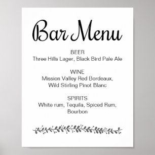 Poster Cartaz de Menu de Bar de Casamento Elegante Recepç