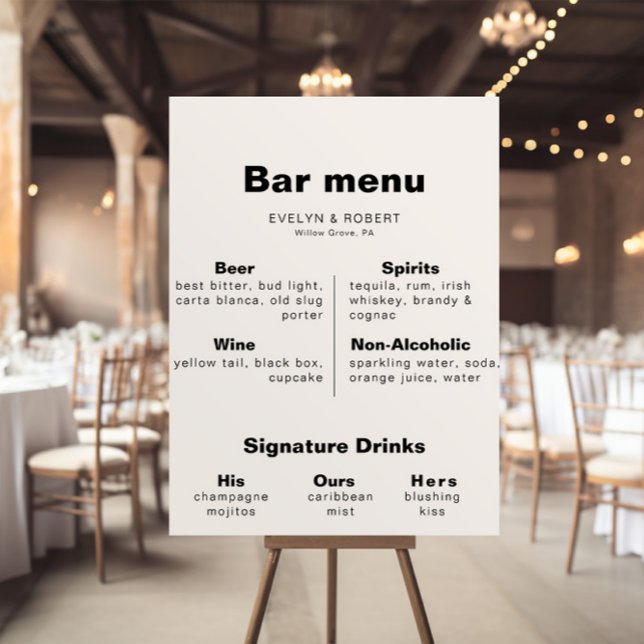 Poster Cartaz de Menu de Bar de Casamento Formal Elegante (Criador carregado)
