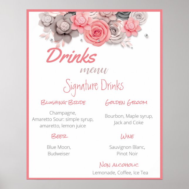 Poster Cartaz de Menu de Bebidas Casamento (Frente)