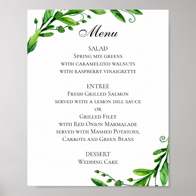 Poster Cartaz de menu de casamento verde. Menu de jantar  (Frente)