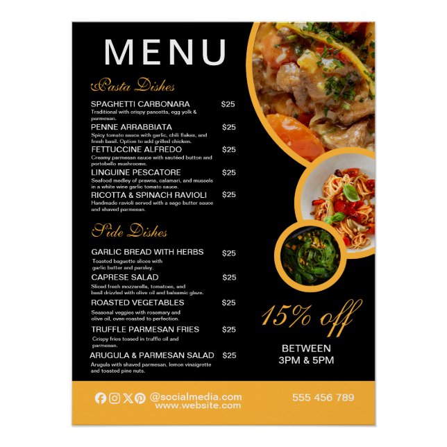 Póster Cartaz de Menu de Restaurante Editável (Frente)