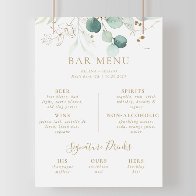Poster Cartaz de Menu do Bar de Casamento com Eucalipto V (Criador carregado)