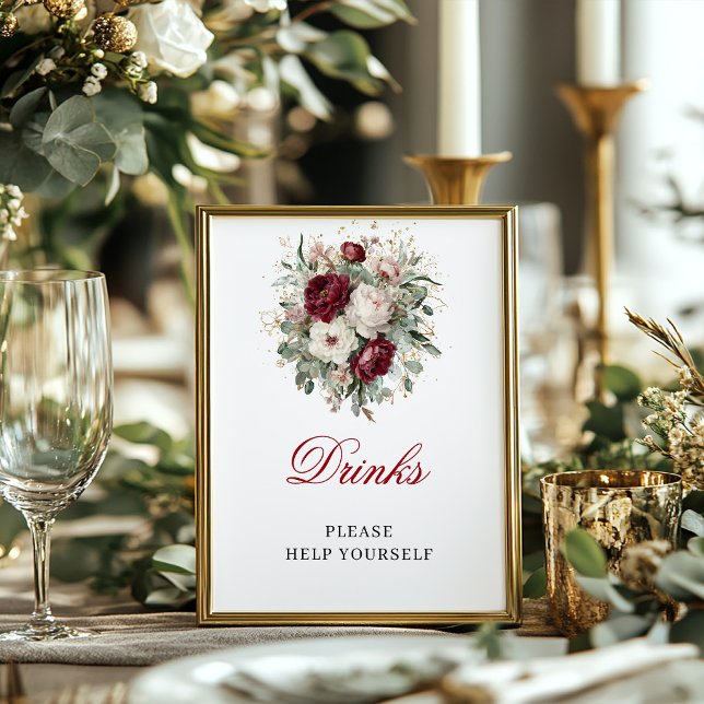 Poster Cartaz de Mesa de Bebidas Verde Rosa Borgonha (Greenery Blush Burgundy Drinks Tabletop Poster)