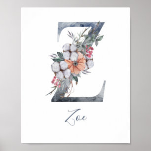 Poster Cartaz de Monograma de Aquarela Floral Azul Z Últi