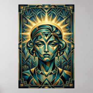 Poster Cartaz de Mulher Cubista Art Déco Pôr do Sol Doura