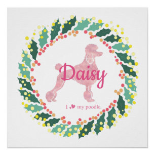Póster Cartaz de Natal Silhueta de Poodle Rosa Personaliz