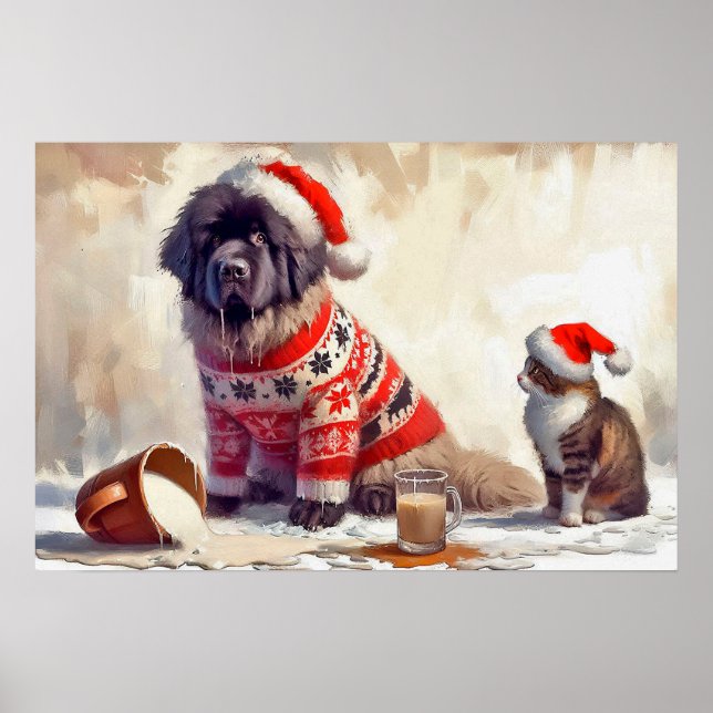 Poster Cartaz de Newfie com Gato e Eggnog Derramado (Frente)