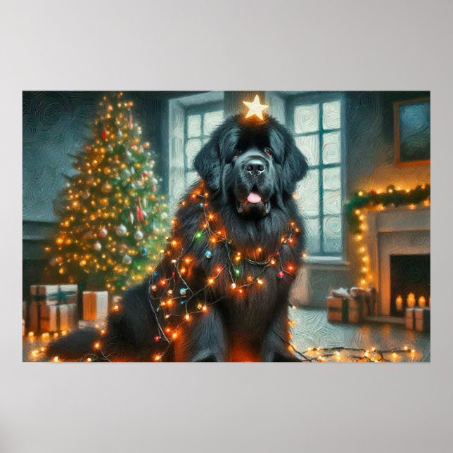 Poster Cartaz de Newfie decorado para o Natal (Frente)