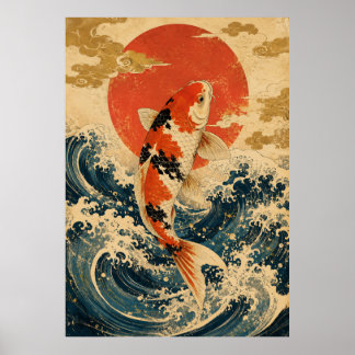 Poster Cartaz de Onda com Peixes Koi Japoneses | Sol Verm
