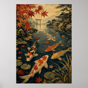 Poster Cartaz de Onda de Peixe Koi Japonês   Sol Vermelho