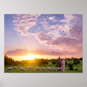 Poster Cartaz de Ovelhas Pacíficas Pastando ao Pôr do Sol