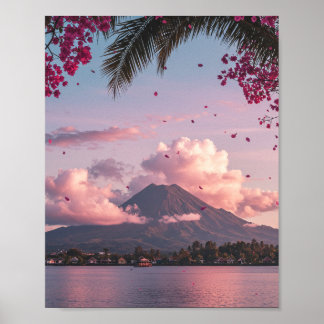 Poster Cartaz de Paisagem Floral do Pôr do Sol da Montanh