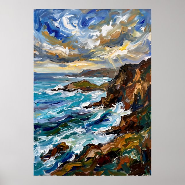 Poster Cartaz de Paisagem Marítima da Costa Rochosa Azul (Frente)
