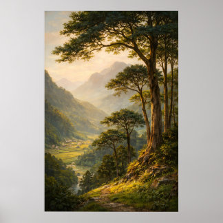 Poster Cartaz de Paisagem Montanhosa Vintage, Floresta Se