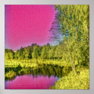 Póster Cartaz de Paisagem Rural Verde Rosa