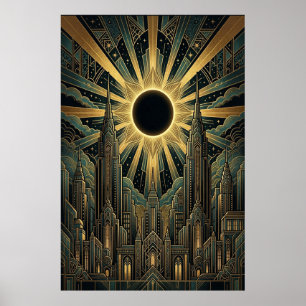 Poster Cartaz de Paisagem Urbana do Sol Negro Art Deco   